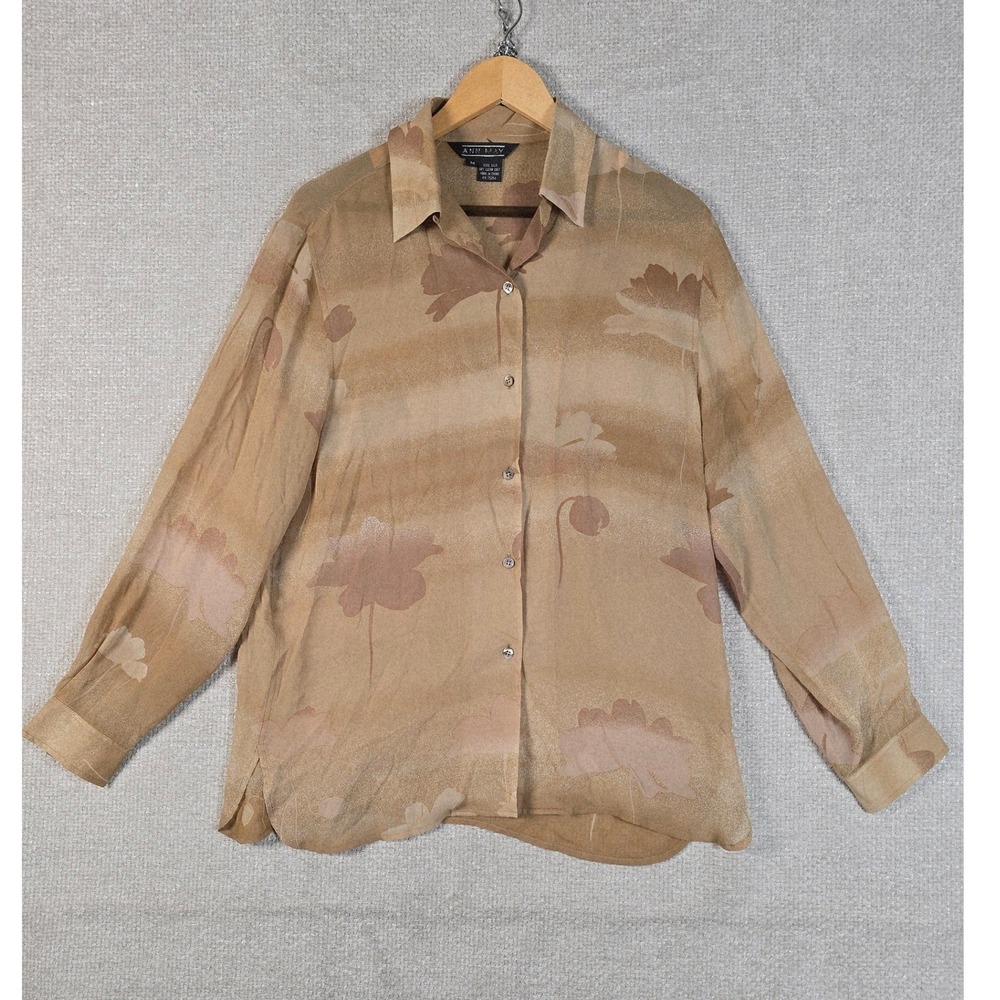 Ann May Womens 100% Silk Floral Striped Button Down Blouse Tan Brown Medium